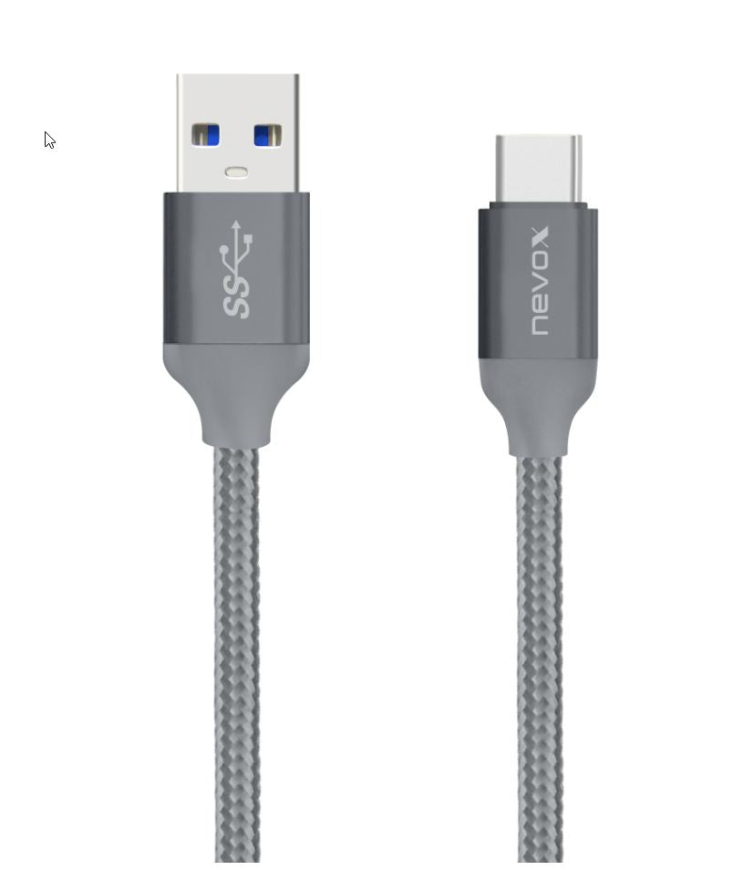 Nevox Type C USB zu USB 3.0 Kabel Nylon geflochten 1M - silbergrau Nevox Type C USB zu USB 3.0 Kabel Nylon geflochten 1M - silbergrau